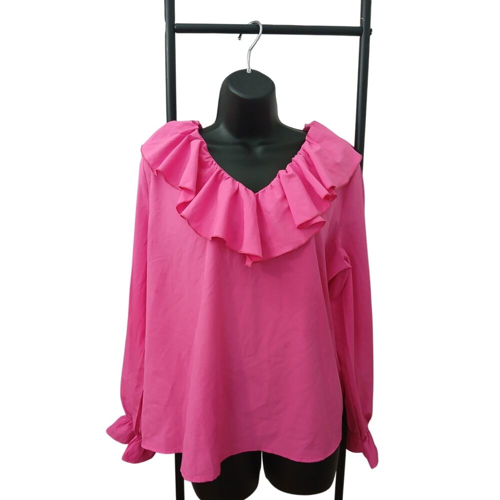 🔴Shein Hot Pink Ruffle Long Sleeves Elegant Dressy Blouse sz XL